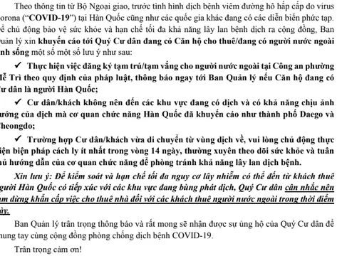 Corona bùng phát tại Hàn Quốc, chung cư Hà Nội cân nhắc việc tạm dừng khẩn cấp cho thuê nhà đối với khách nước ngoài